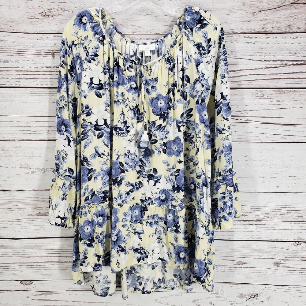 J.JILL  Women's Yellow Blue Floral Tasseled Rayon Tiered Top Size XL - Picture 2 of 15